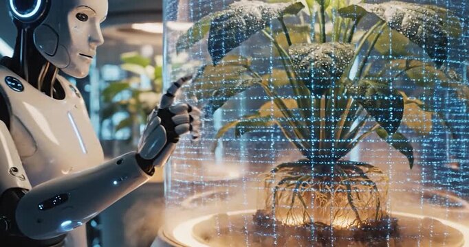 Humanoid robot examines plant in futuristic scientific laboratory