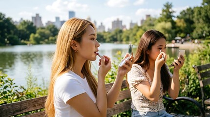Fototapeta premium Two young women applying makeup while sitting on a park bench by a lake in summer
