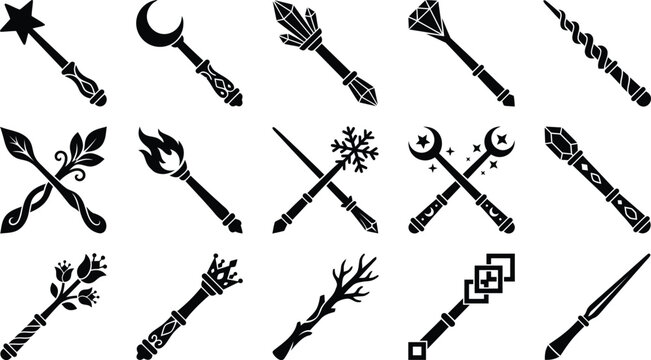 Magic Wand Vector Set Black and White Fantasy Collection