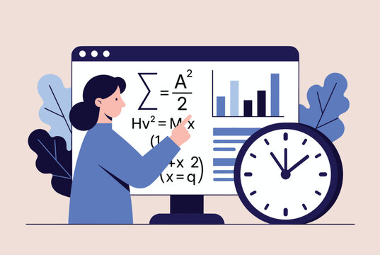Female teacher pointing to complex mathematical equations and statistics on a computer screen next to a large clock.