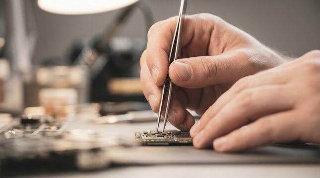 Hands carefully place components on a circuit board in a workshop. Tools and materials are organized on the table