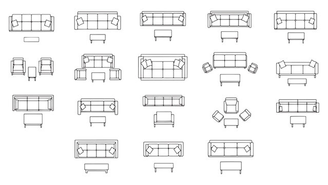 Minimal top view sofa and armchair layout collection for interior planning and furniture arrangement concepts