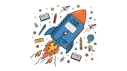 Blast off into Learning: A rocket-shaped notebook emblazoned with EXPLORE & LEARN blasts off into a starry sky, surrounded by school supplies and symbols of knowledge. © Maira