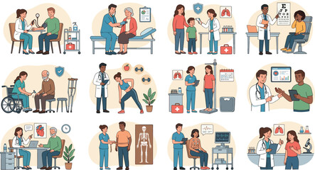 Fototapeta premium Healthcare And Medical Consultation Vector Illustration Collection Featuring Doctor Patient Diagnosis Treatment Rehabilitation And Clinical Care