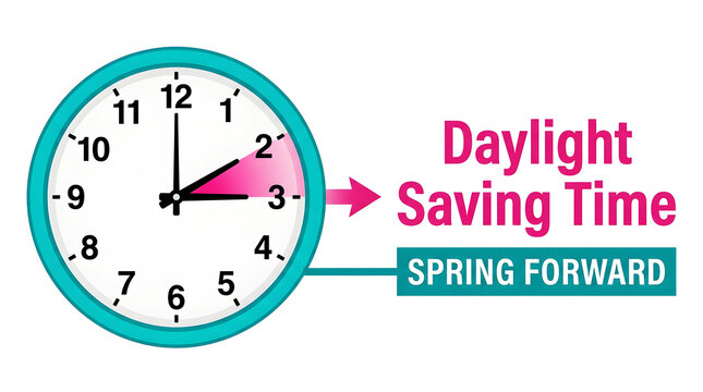 Clock hand moving forward for daylight saving time spring adjustment arrow