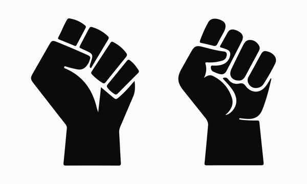 Two clenched fists, black power symbol, human hands in protest, solidarity gesture, resistance sign, freedom icon, revolution movement, vector illustration isolated on white background.