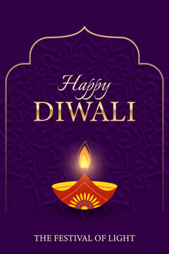 Happy Diwali, Festival of Lights greeting card with glowing diya lamp. Festive background, web banner, poster, social media