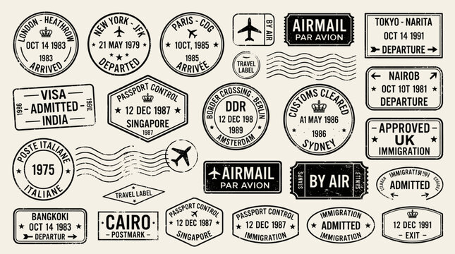 Vector of travel stamps from global cities like Tokyo, Paris, and Sydney.
