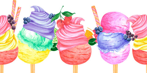 Hand drawn watercolor berry sorbet seamless border. Illustration isolated on white background. Can be used for label, menu design, textile and other printed products © Aleksandra Shvetsova