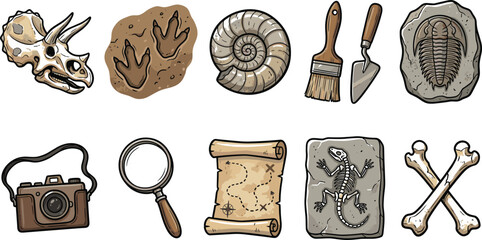 Paleontology and Archeology Discovery Cartoon Icon Set Featuring Dinosaur Skull Fossils Bones Footprints Map and Digging Tools for Educational Museum Designs © BijoyChandra