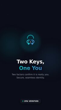 Two glowing keys drift in from left and right. Keys align into a central lock. Lock opens with confirmation glow. Headline text appears
