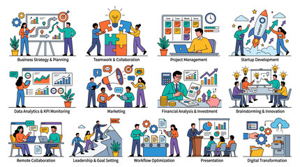 Fototapeta premium Teamwork. Vector illustrations for a team of people in various business activities, management, communication and project development from startup to launch.