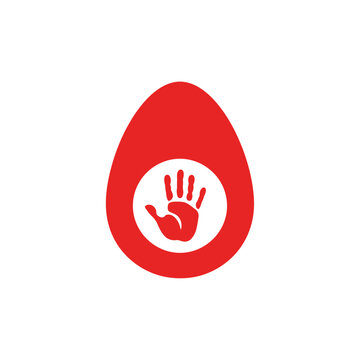 Red egg shape with white handprint symbol inside.