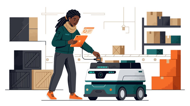 Black female worker using tablet to manage autonomous warehouse robot