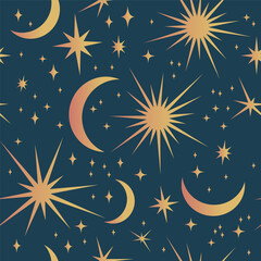Seamless Vector Celestial Pattern with Moon, Stars and Cosmic Elements © kokoshka