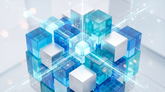 Abstract 3D digital technology concept showing transparent blue glass and metallic silver cubes arranged in a grid with glowing data laser lines and particle light effects on a bright background.
