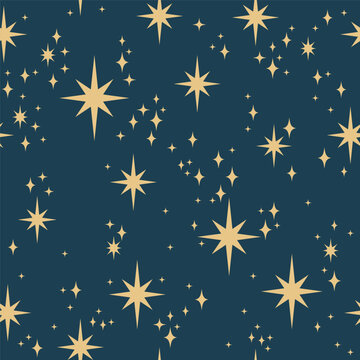 Seamless Vector Celestial Pattern with Moon, Stars and Cosmic Elements