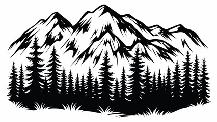 Mountain forest silhouette a bold black and white graphic design with coniferous trees and peaks alpine ascent backdrop © Sampad