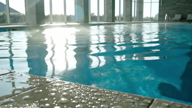 Sun reflection on indoor pool water and wet poolside, showcasing sparkling droplets and bright reflections.