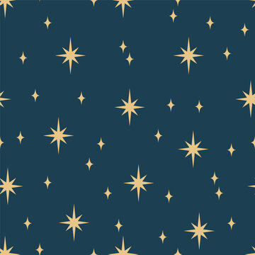 Seamless Vector Celestial Pattern with Moon, Stars and Cosmic Elements