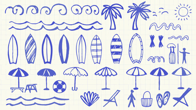 Blue hand drawn beach doodles on lined graph paper featuring waves surfboards and palm trees beachcombing coast coastal