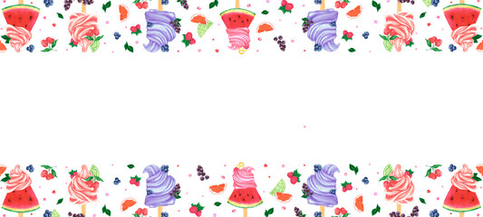 Hand drawn watercolor watermelon and berry ice cream banner frame border. Illustration isolated on white background. Can be used for invitation, menu design and other printed products © Aleksandra Shvetsova