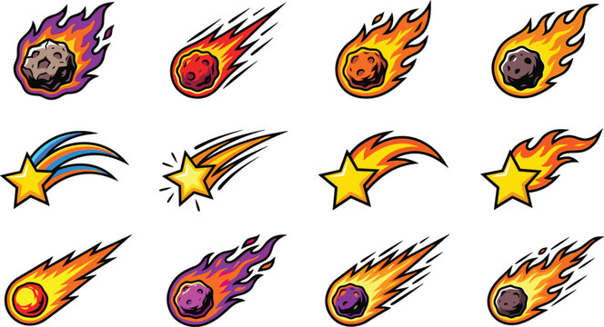 Meteor and Comet Cartoon Icon Set with Flaming Asteroids Shooting Stars and Fireball Symbols for Space Gaming Apps and Astronomy Science Illustration Designs