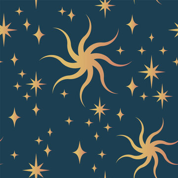 Seamless Vector Celestial Pattern with Moon, Stars and Cosmic Elements