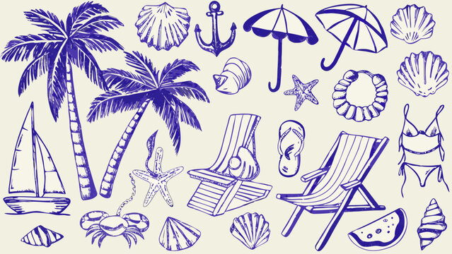 Summer vacation themed sketches in monochromatic blue featuring palm trees seashells and beach accessories beachcombing hue monochrome tint