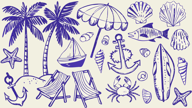 Seascape Sketch Collection Featuring Palm Trees Beach Chairs And Marine Life In Blue Monochrome chair beachcombing coastal crab