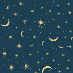 Naklejka premium Seamless Vector Celestial Pattern with Moon, Stars and Cosmic Elements