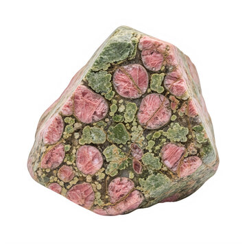 Polished rhodonite mineral specimen with green matrix on transparent background with set against mottled