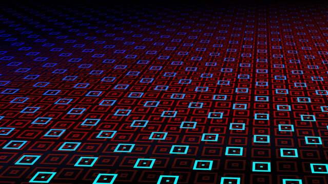 Futuristic digital grid network background, red and cyan geometric patterns