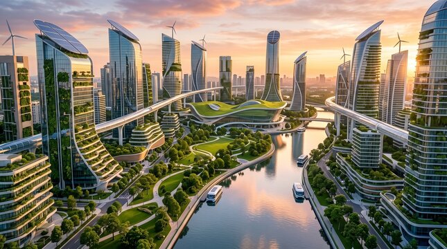 Futuristic green metropolis with sustainable skyscrapers covered in plants and solar panels. Eco friendly modern smart city with a flowing river, parks, monorail bridges, and clean energy at sunset.
