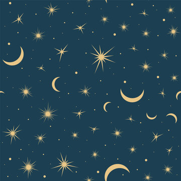 Seamless Vector Celestial Pattern with Moon, Stars and Cosmic Elements