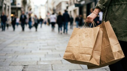 Fototapeta premium Blank shopping bags carried by person on busy city street