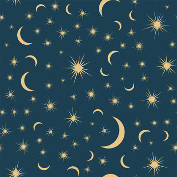 Seamless Vector Celestial Pattern with Moon, Stars and Cosmic Elements
