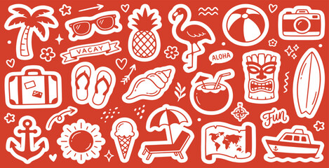 Collection of fun summer vacation and travel icons and stickers on a red background. © Riki