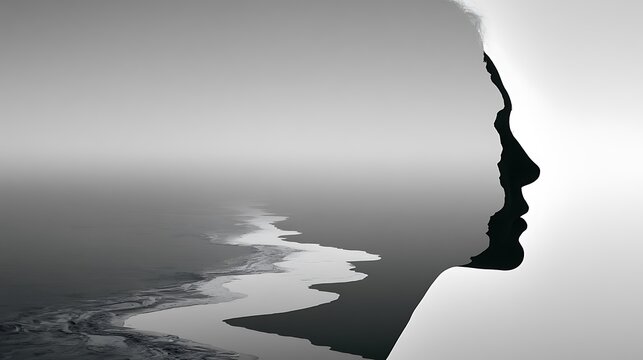 Prompt: A powerful minimalist surrealism conceptual portrait of ego dissolution. A sharp silhouette profile of a head is double-exposed with a symbolic landscape of a highly polished mercury 