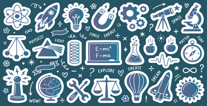 Collection of science and education related icons and symbols, representing discovery and learning.