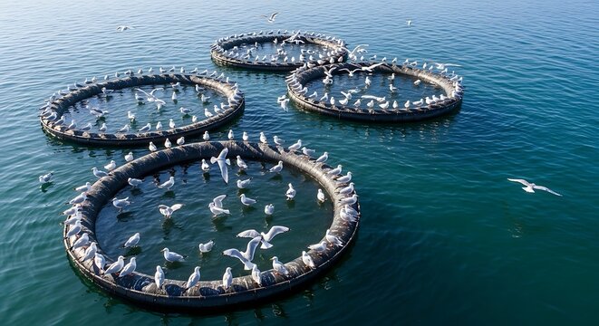 Aerial view of three large circular fish enclosures in a body of water