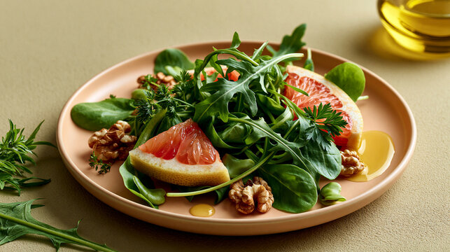 Elegant plate of bitter greens arugula dandelion grapefruit walnuts and olive oil showcasing liver support wellness nutrition