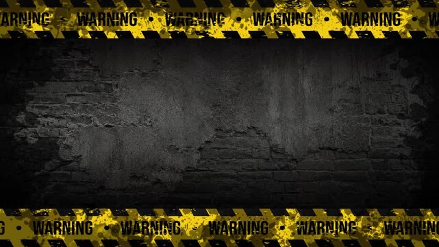 Looping Industrial Warning Tape Border Animation on Concrete Grunge Wall with Repeating WARNING Safety Text 4K 60 fps