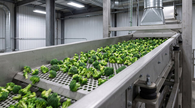 Fresh green broccoli florets moving on an industrial mesh conveyor belt at food processing facility
