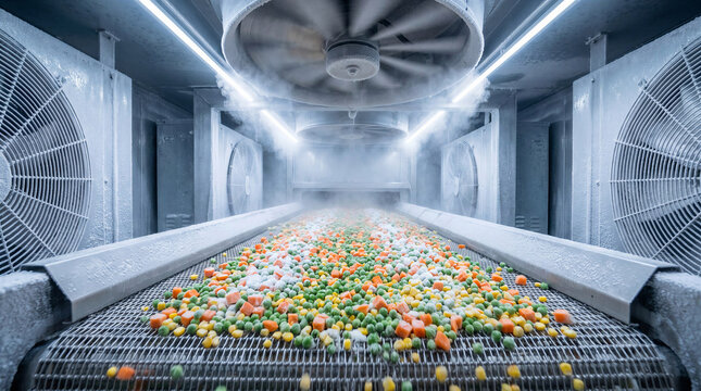 Mixed vegetables passing through industrial shock freezing tunnel with automated cooling fans at factory