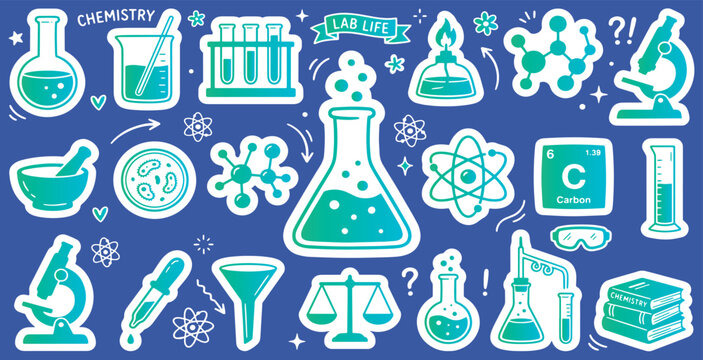 Collection of gradient green and teal science and chemistry lab equipment icons and illustrations on a blue background, featuring beakers, microscopes, and molecules.
