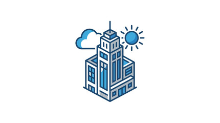 Fototapeta premium A blue isometric illustration of a building with a cloud and sun