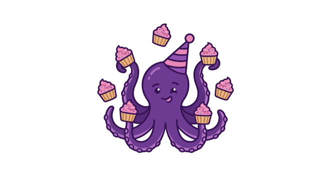 Octopus juggles colorful cupcakes while wearing a party hat.