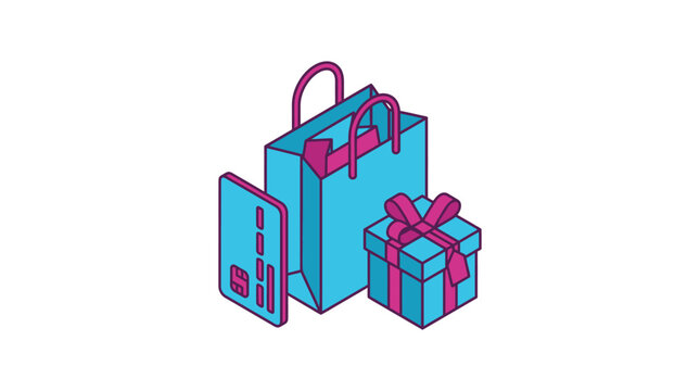 An isometric stack of gift boxes and bags with a ribbon on a solid background