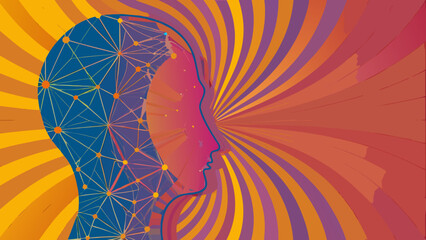 Geometric human head profile illustration with radiating lines and polygonal mesh details vibrant color scheme abstract art design © MINA